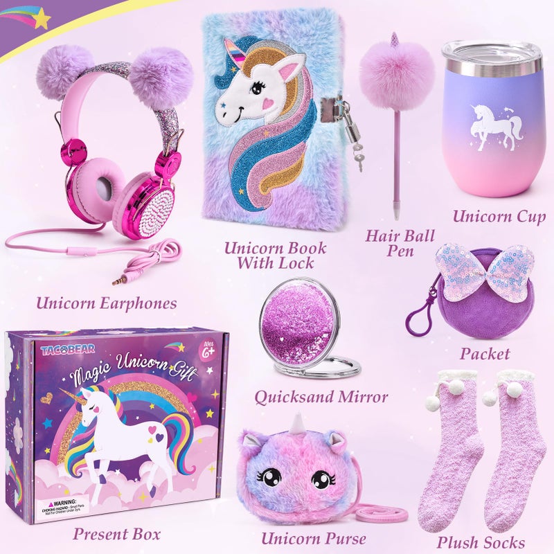 Tacobear Unicorn Gifts Girls Toy Age 5 6 7 8-12 with 3.5mm Wired Headphones Locked Diary Water Bottle Plush Bag Purse Socks Mirror  Christmas Birthday Gift Idea Toys for Teen Girl 6-10+ Years Old - Image 2